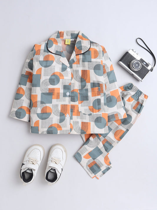 Cotton Woven Full Sleeves Abstract Printed Coordinating Night Suit Set - Orange