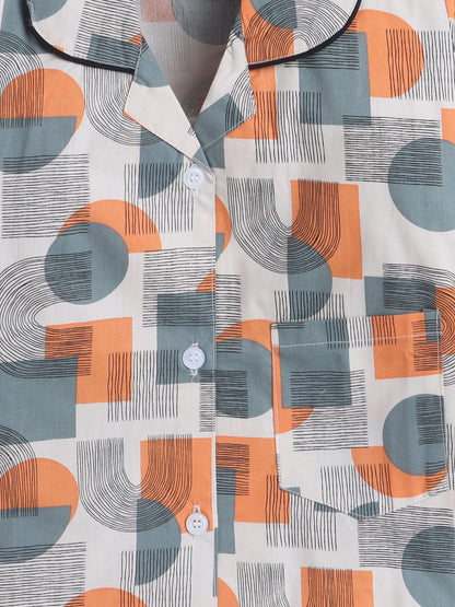 Cotton Woven Full Sleeves Abstract Printed Coordinating Night Suit Set - Orange