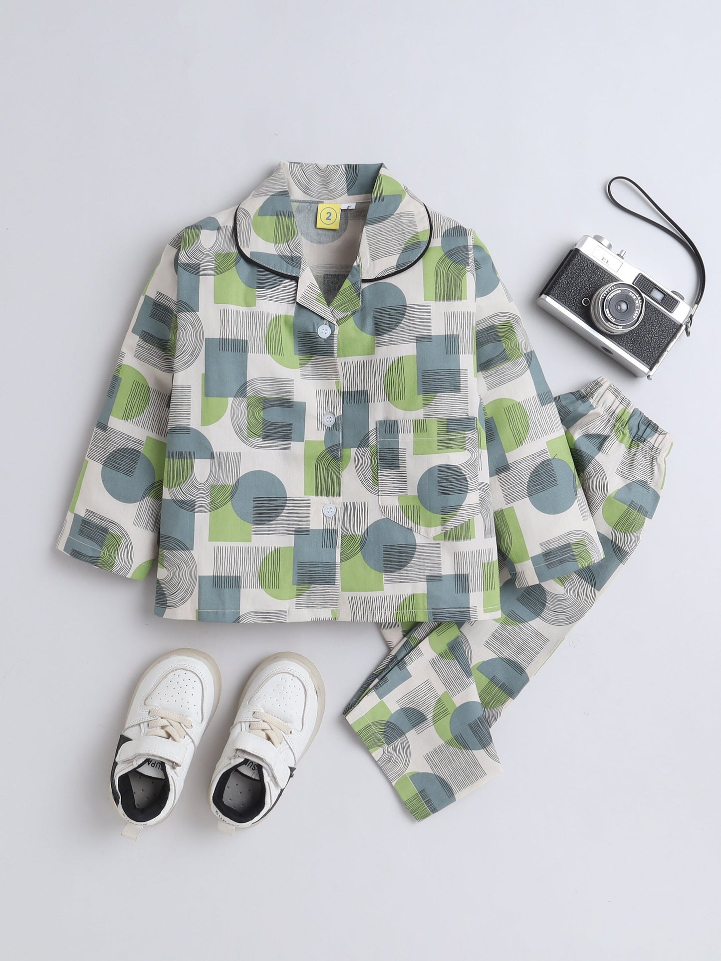 The Magic Wand Full Sleeve Cotton Geometric Shapes  Printed Night Suit Set- Green