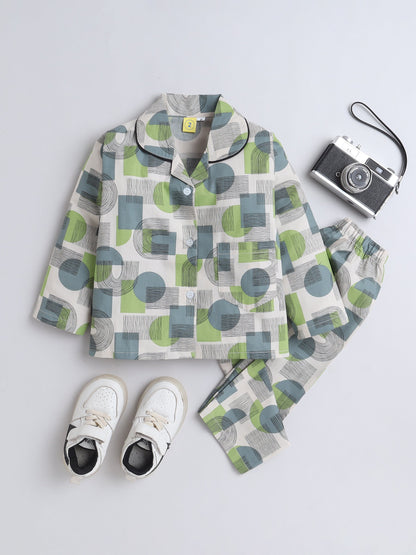 The Magic Wand Full Sleeve Cotton Geometric Shapes  Printed Night Suit Set- Green
