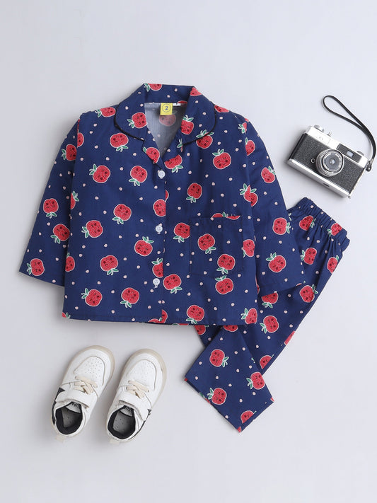 Cotton Woven Full Sleeves Apple & Hearts Printed Coordinating Night Suit Set - Navy Blue