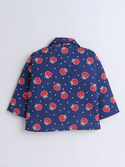 Full Sleeves Cotton Fruit Printed Night Suit Set Navy Blue