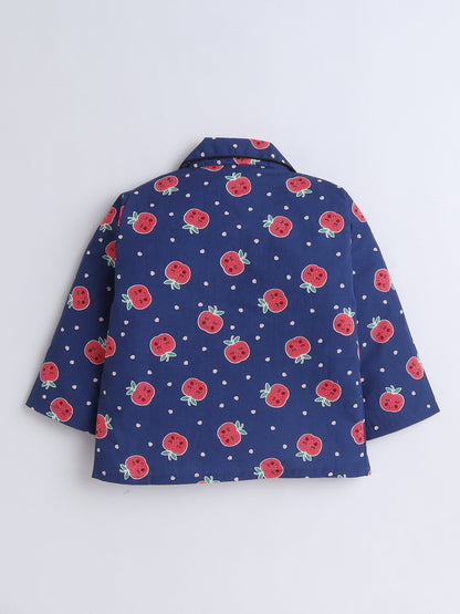 Cotton Woven Full Sleeves Apple & Hearts Printed Coordinating Night Suit Set - Navy Blue