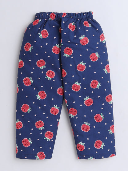 Full Sleeves Cotton Fruit Printed Night Suit Set Navy Blue