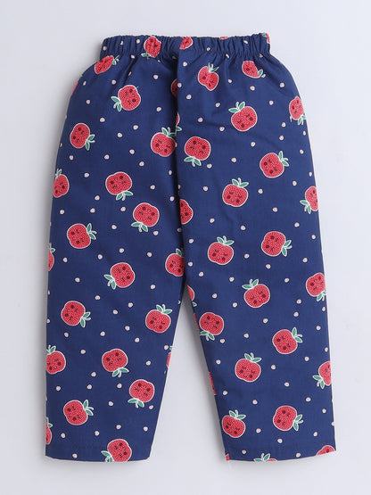 Cotton Woven Full Sleeves Apple & Hearts Printed Coordinating Night Suit Set - Navy Blue