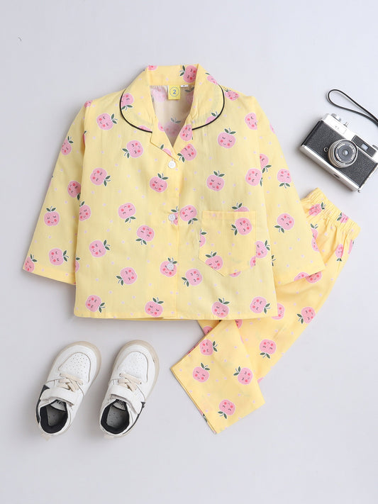 Cotton Woven Full Sleeves Apple & Hearts Printed Coordinating Night Suit Set - Yellow