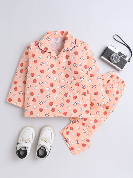 Full Sleeves Cotton Fruit Printed Night Suit Set Peach