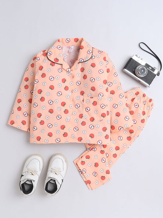 Cotton Woven Full Sleeves Apple & Floral Printed Coordinating Night Suit Set - Peach