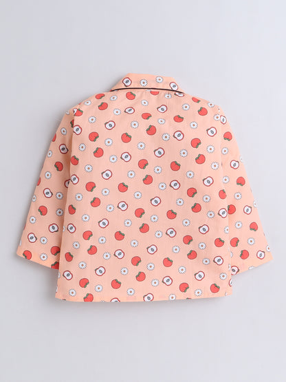 Full Sleeves Cotton Fruit Printed Night Suit Set Peach