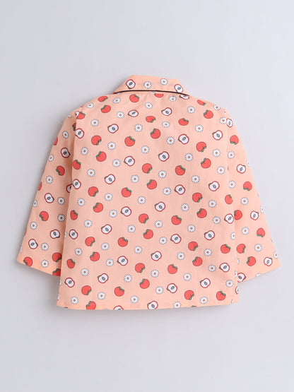 Cotton Woven Full Sleeves Apple & Floral Printed Coordinating Night Suit Set - Peach