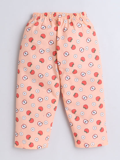 Cotton Woven Full Sleeves Apple & Floral Printed Coordinating Night Suit Set - Peach
