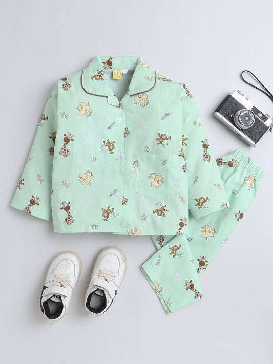 Full Sleeves Cotton Animal Printed Night Suit Set Green