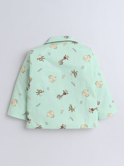 Full Sleeves Cotton Animal Printed Night Suit Set Green