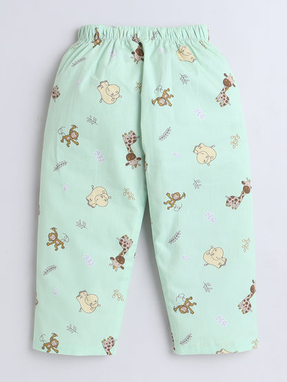 Full Sleeves Cotton Animal Printed Night Suit Set Green