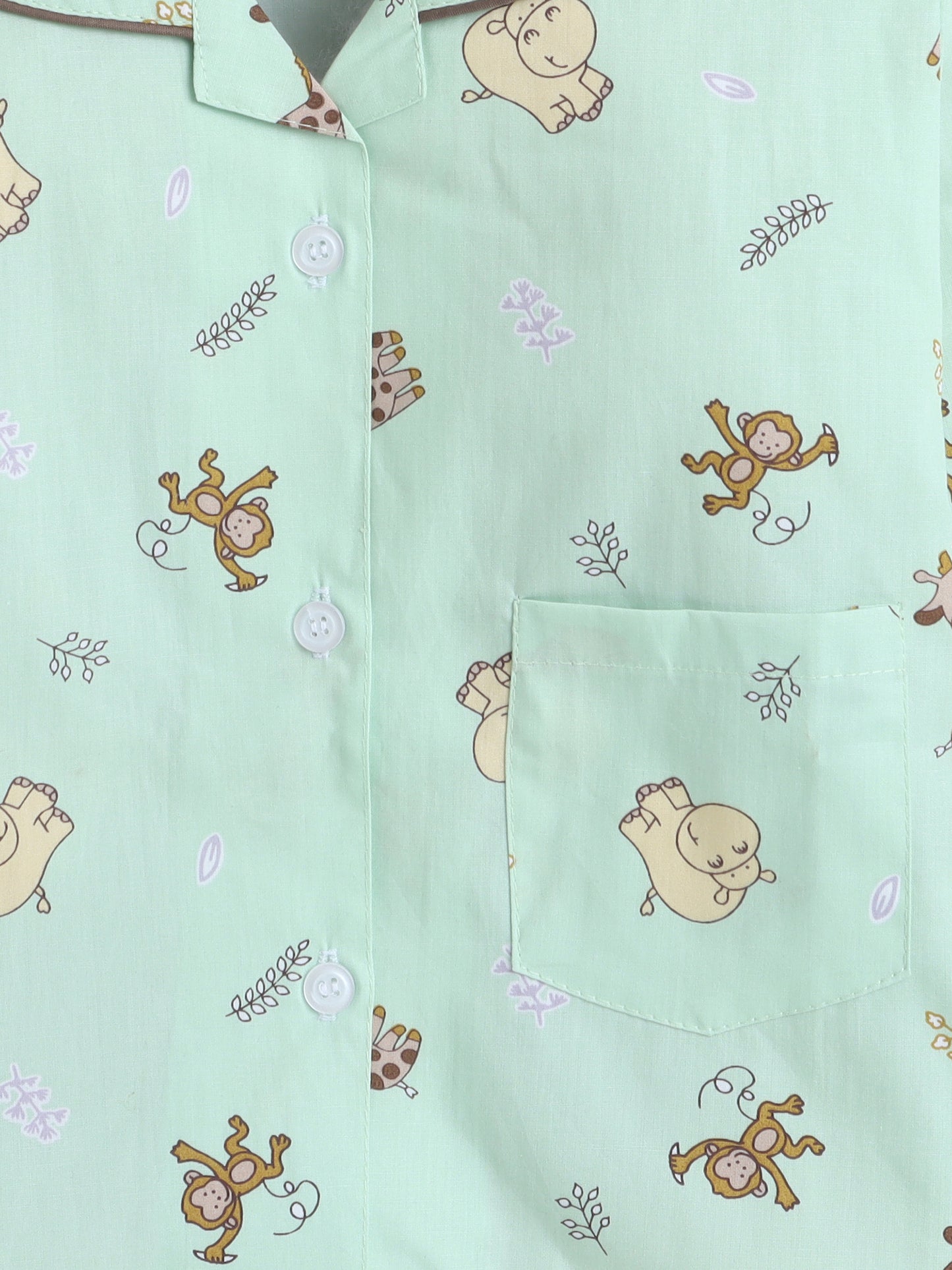 Full Sleeves Cotton Animal Printed Night Suit Set Green