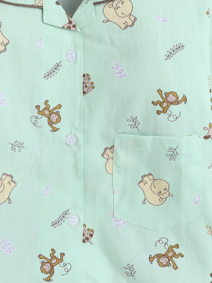 Full Sleeves Cotton Animal Printed Night Suit Set Green