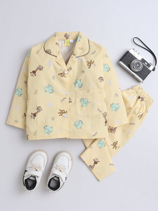 Cotton Woven Full Sleeves Animals Printed Coordinating Night Suit Set - Yellow