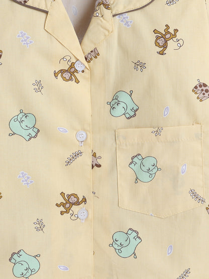 Full Sleeves Cotton Animal Printed Night Suit Set Yellow