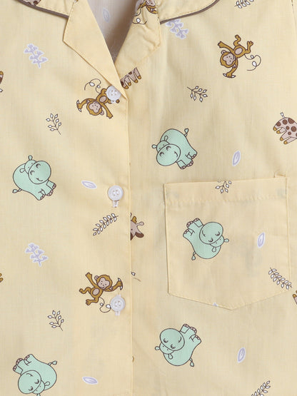 Cotton Woven Full Sleeves Animals Printed Coordinating Night Suit Set - Yellow