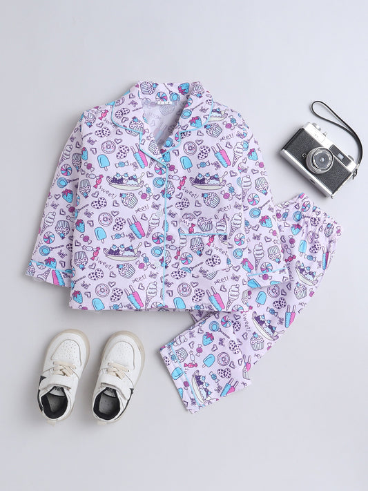 Cotton Woven Full Sleeves Ice Cream & Candies Printed Coordinating Night Suit Set - Purple