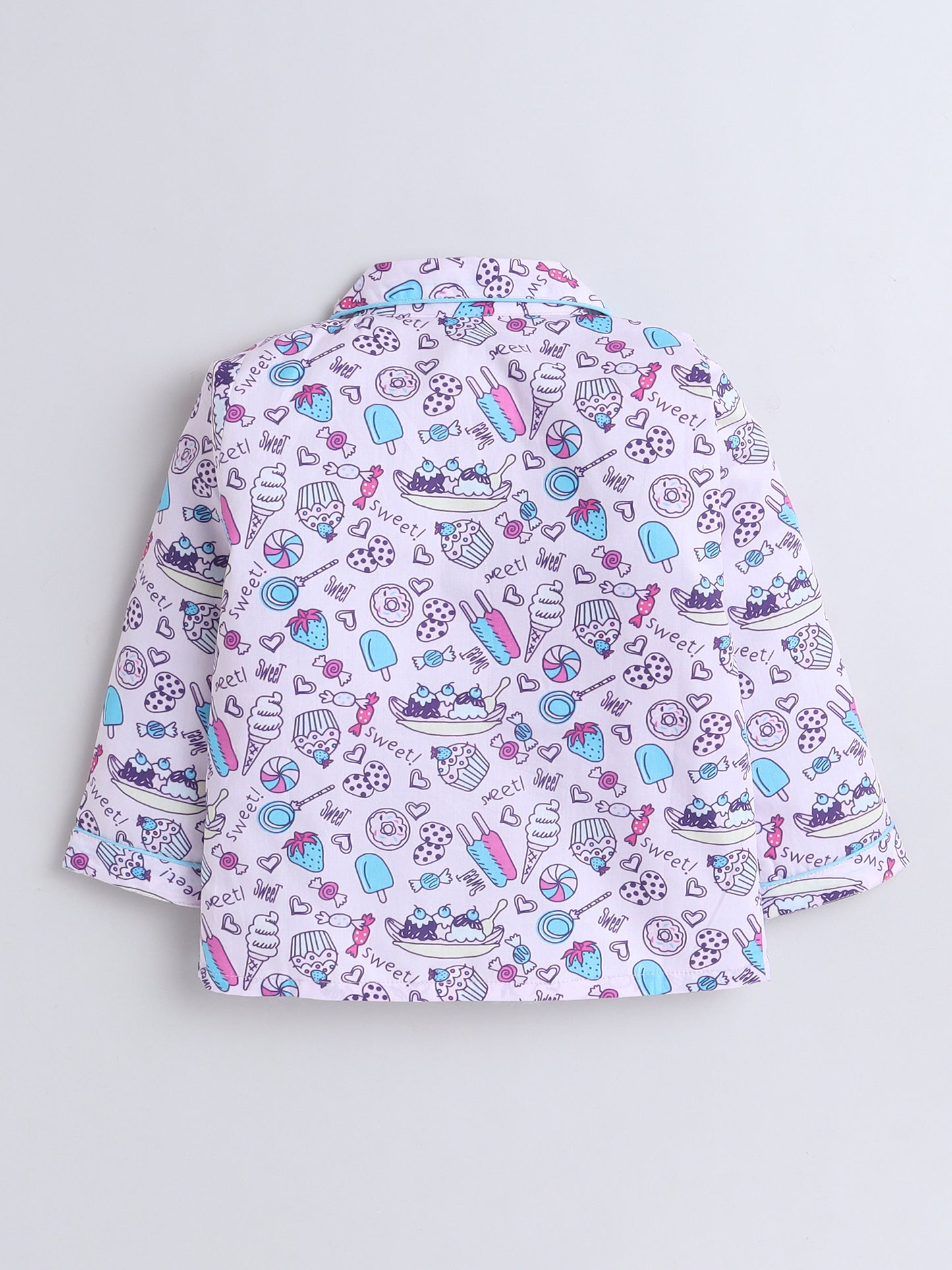 Full Sleeves Cotton Ice Cream Candy Printed Night Suit Set Purple