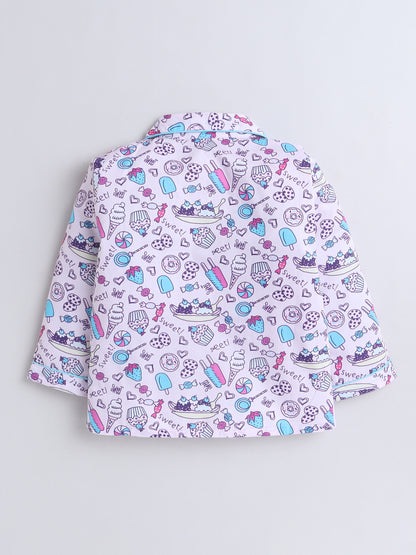 Full Sleeves Cotton Ice Cream Candy Printed Night Suit Set Purple