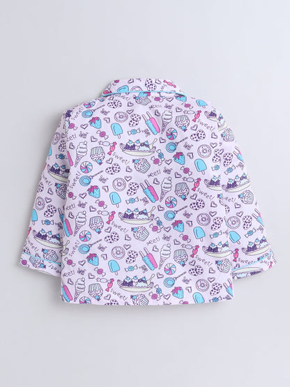 Cotton Woven Full Sleeves Ice Cream & Candies Printed Coordinating Night Suit Set - Purple