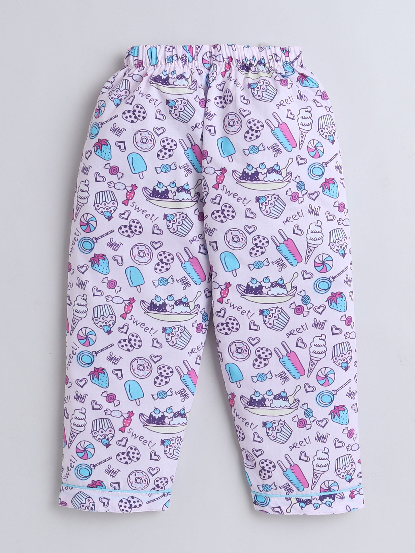 Full Sleeves Cotton Ice Cream Candy Printed Night Suit Set Purple