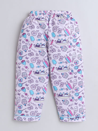 Full Sleeves Cotton Ice Cream Candy Printed Night Suit Set Purple