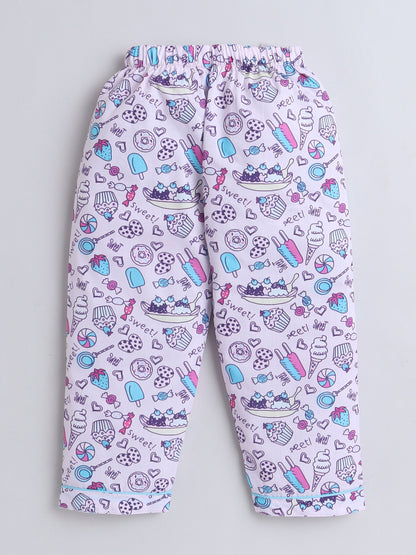 Cotton Woven Full Sleeves Ice Cream & Candies Printed Coordinating Night Suit Set - Purple