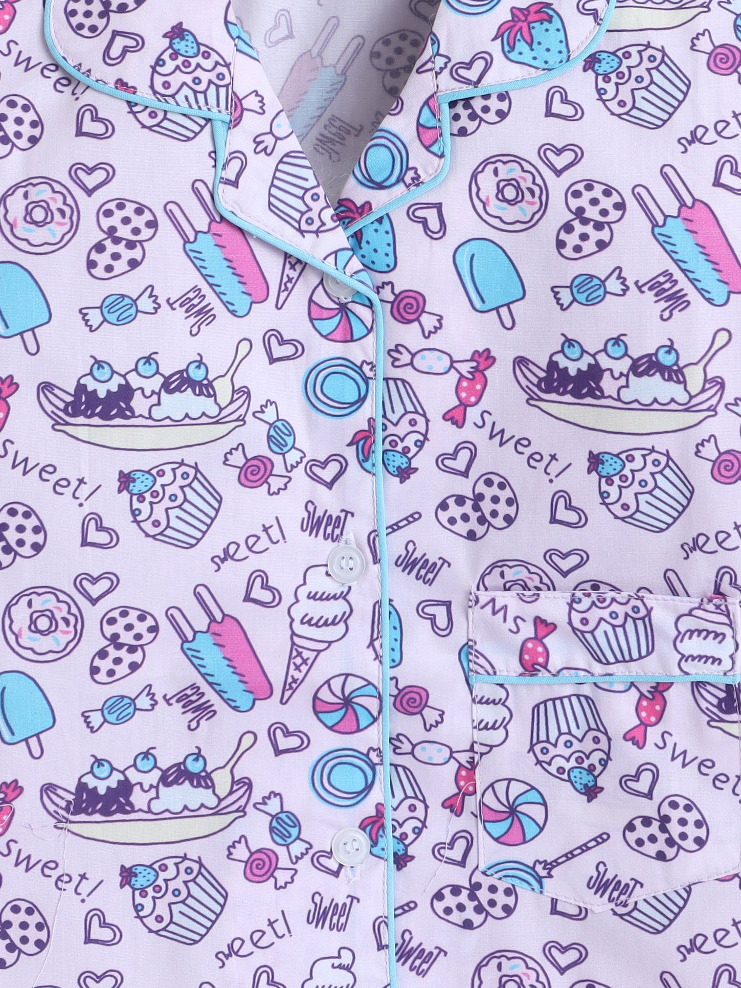 Full Sleeves Cotton Ice Cream Candy Printed Night Suit Set Purple