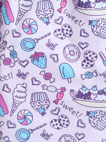 Full Sleeves Cotton Ice Cream Candy Printed Night Suit Set Purple