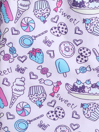 Cotton Woven Full Sleeves Ice Cream & Candies Printed Coordinating Night Suit Set - Purple