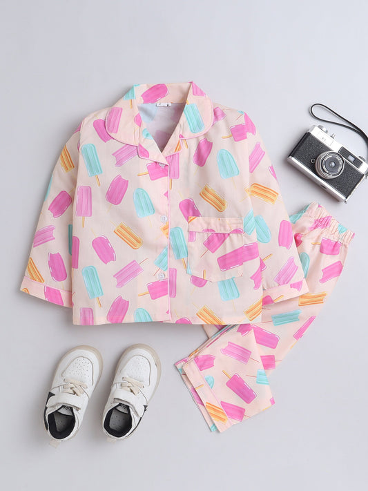 Cotton Woven Full Sleeves Ice Cream & Candies Printed Coordinating Night Suit Set - Peach