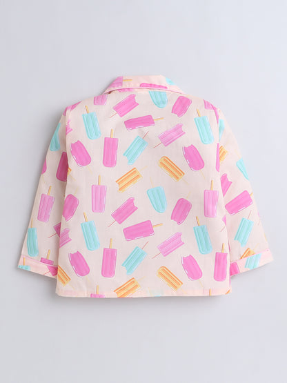 Cotton Woven Full Sleeves Ice Cream & Candies Printed Coordinating Night Suit Set - Peach