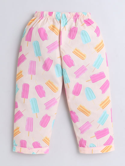Full Sleeves Cotton Ice Cream Candy Printed Night Suit Set Peach
