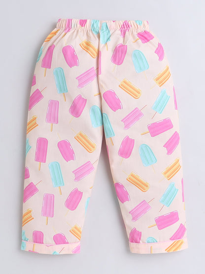 Cotton Woven Full Sleeves Ice Cream & Candies Printed Coordinating Night Suit Set - Peach