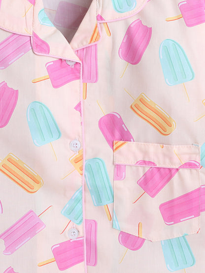Cotton Woven Full Sleeves Ice Cream & Candies Printed Coordinating Night Suit Set - Peach