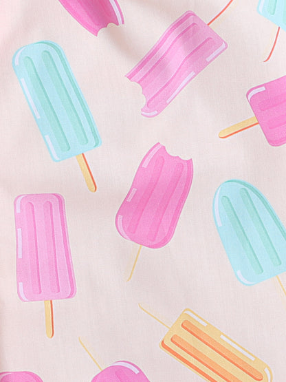 Full Sleeves Cotton Ice Cream Candy Printed Night Suit Set Peach