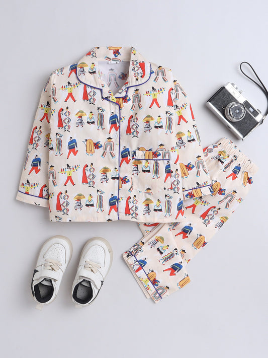 Cotton Woven Full Sleeves Abstract Printed Coordinating Night Suit Set - Beige