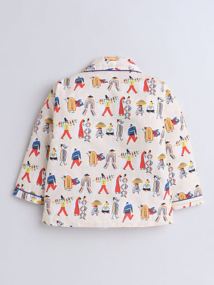 Cotton Woven Full Sleeves Abstract Printed Coordinating Night Suit Set - Beige
