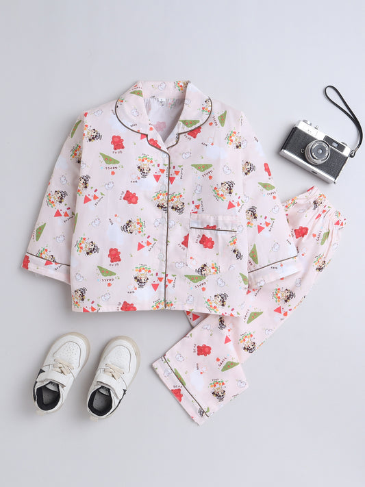 Full Sleeves Cotton Bear Printed Night Suit Set Peach