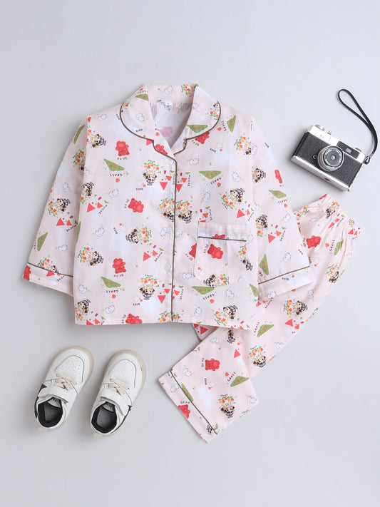 Cotton Woven Full Sleeves Bear Printed Coordinating Night Suit Set - Peach