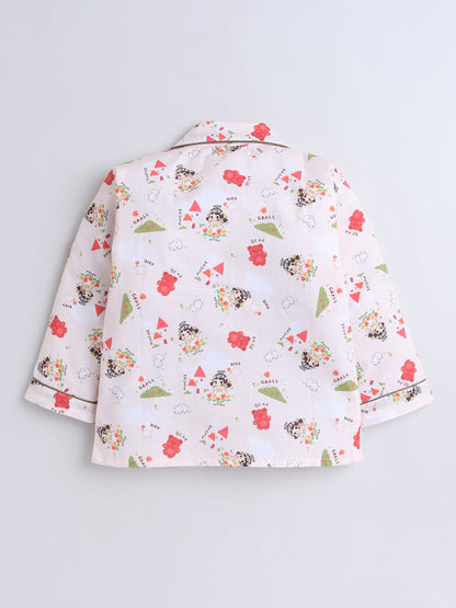 Full Sleeves Cotton Bear Printed Night Suit Set Peach