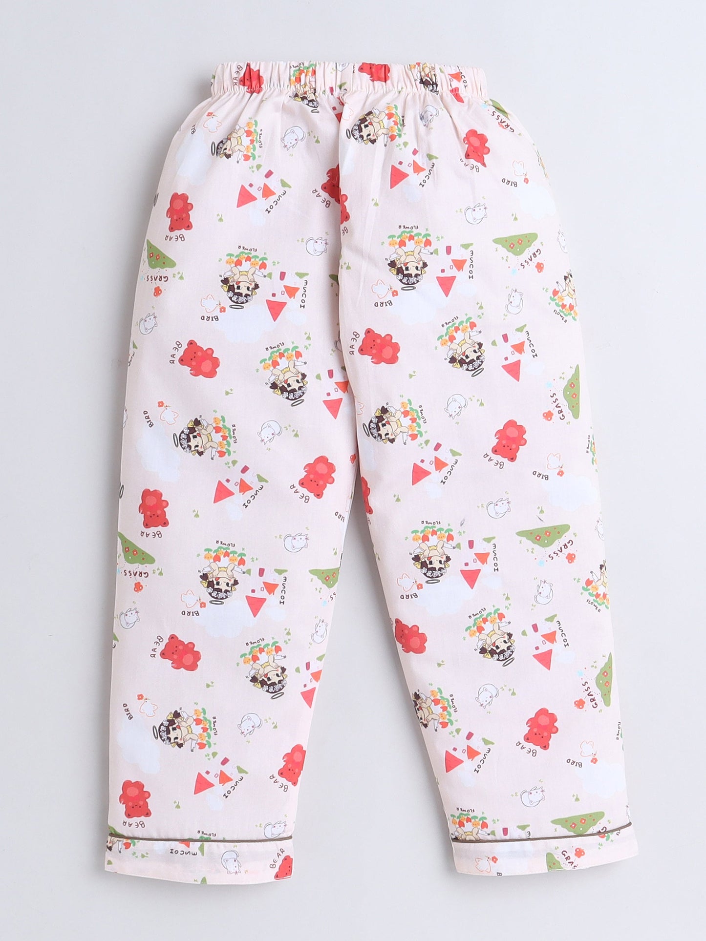 Cotton Woven Full Sleeves Bear Printed Coordinating Night Suit Set - Peach