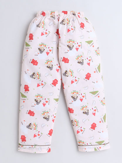 Cotton Woven Full Sleeves Bear Printed Coordinating Night Suit Set - Peach