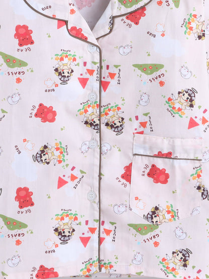Cotton Woven Full Sleeves Bear Printed Coordinating Night Suit Set - Peach