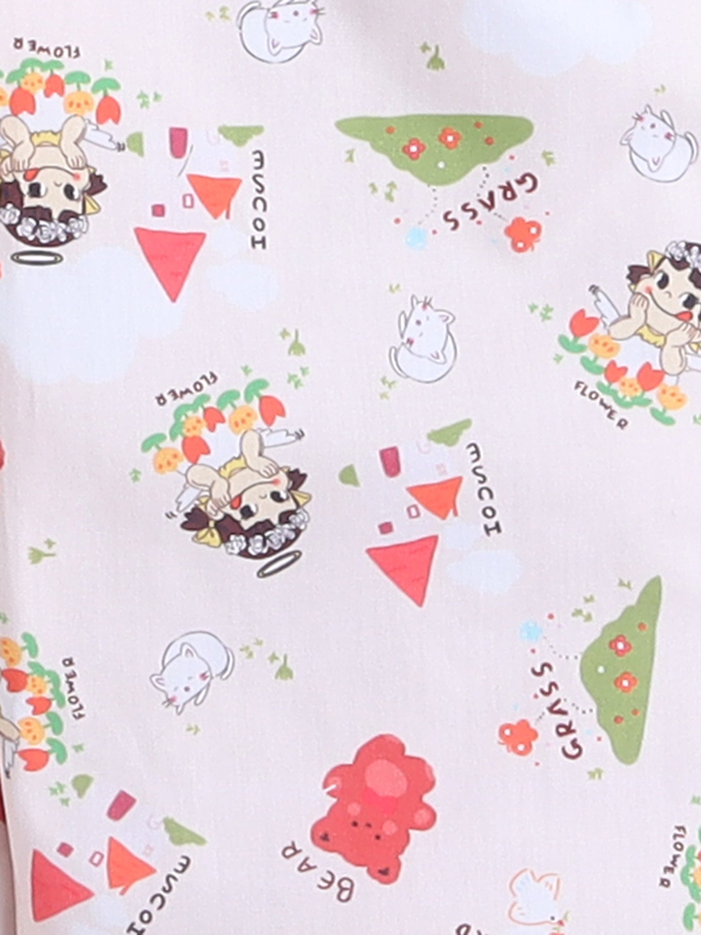 Full Sleeves Cotton Bear Printed Night Suit Set Peach