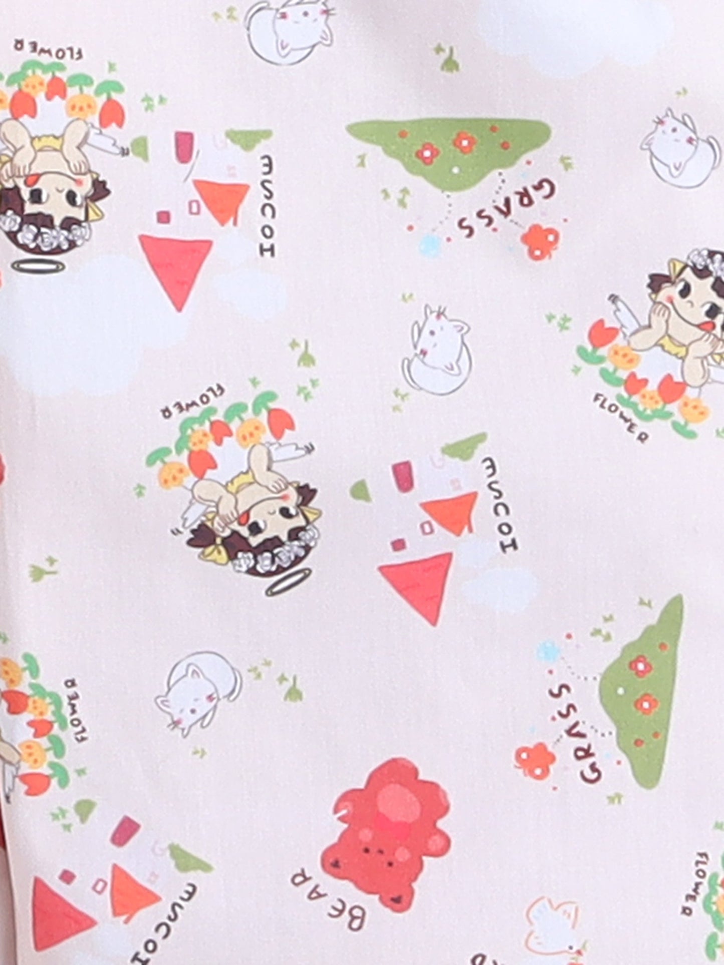 Cotton Woven Full Sleeves Bear Printed Coordinating Night Suit Set - Peach