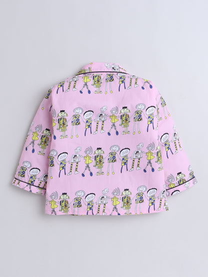 Full Sleeves Cotton All Over Printed Night Suit Set Pink